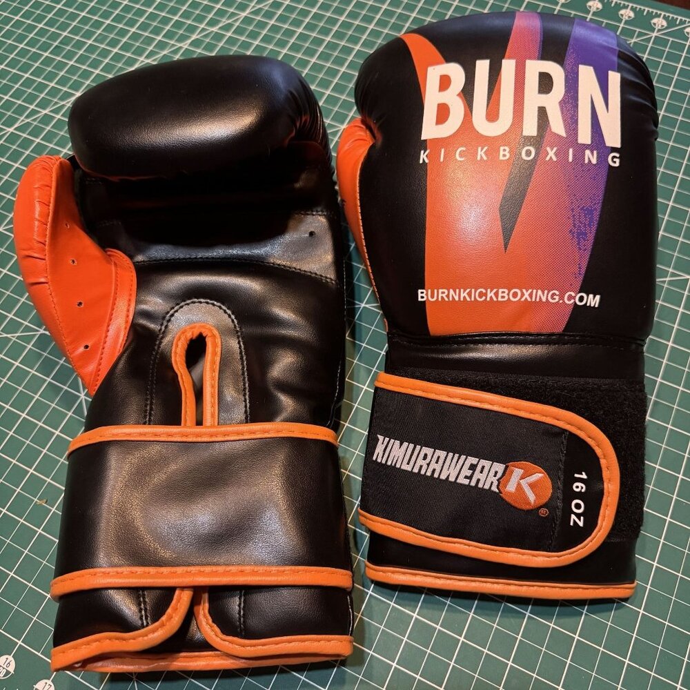 Burn Kickboxing Gloves 16oz Kimurawear Black & Orange Boxing Gloves With Velcro